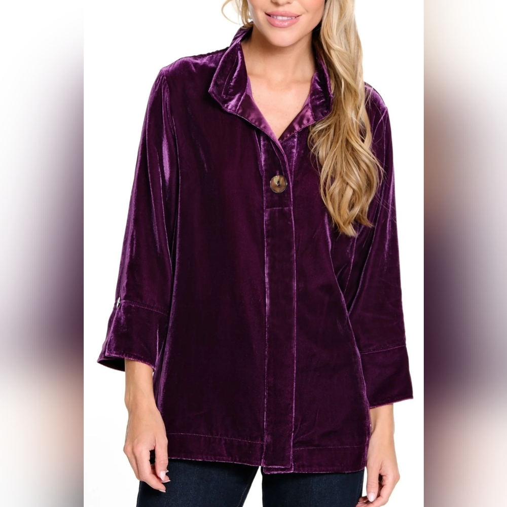 John Mark Purple Velvet Women's Button Front Top Tunic Shirt New 2X Wire Collar